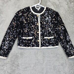 Crewcuts Jacket Girls Medium 8-9 Black Sequin Tweed Trim Cardigan Party Holiday